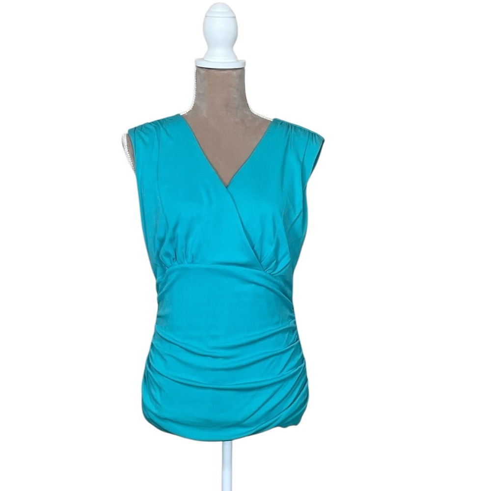 EUC Alfani Sleeveless Surplice Ruched Silk Blend Blouse in Turquoise (TSE)